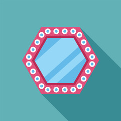 Wall Mural - Pink hexagon mirror with light bulbs reflecting light blue surface, makeup mirror concept