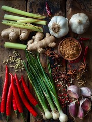 Poster - A colorful selection of Asian spices features ginger, garlic, chili peppers, star anise, lemongrass, and more on a rustic wooden background. Generative AI