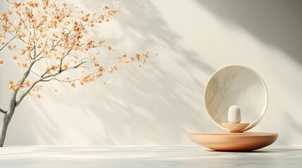 Poster - Minimalist 3D studio room with marble texture background empty floor and wall with product podium shadow overlay from window to countertop mockup with bright 3D and detailed