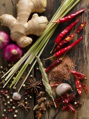 Poster - A colorful assortment of Asian spices displayed on a wooden surface, featuring ginger, garlic, chili peppers, and star anise. Generative AI