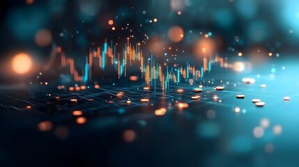 Poster - Tight shot of a blue market investment chart examining financial data trends using candlestick graphs with a minimalist color palette high contrast detailed technical analysis