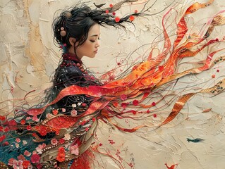 Wall Mural - Surreal Portrait of a Woman with Flowing Hair and Flowers