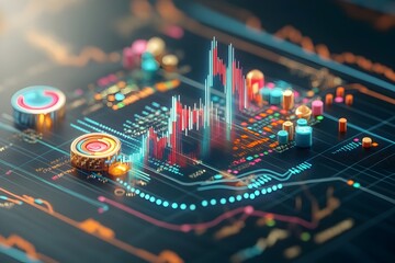 Poster - Close up macro shot of a sophisticated colorful market trading chart delving into intricate market trends and patterns using traditional candlestick charting techniques