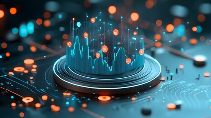 Poster - Detailed zoomed in view of a blue market trading chart evaluating data trends using candlestick graph indicators technical analytics clean minimalist interface modern digital aesthetic