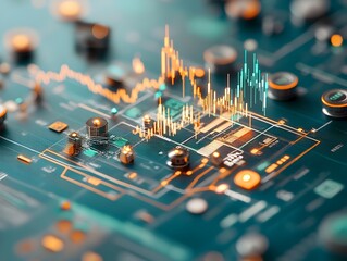 Poster - Zoomed in macro photograph of a detailed blue market trading chart interpreting financial information with candlestick visuals technical analysis and a modern minimalist and clean digital aesthetic