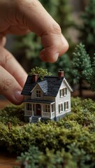 Wall Mural - A hand adjusts a miniature model house surrounded by tiny trees.