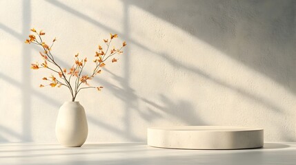 Poster - Elegant 3D minimalist studio room with empty gray background product podium and diffused sunlight from window casting a soft shadow on the countertop  A clean