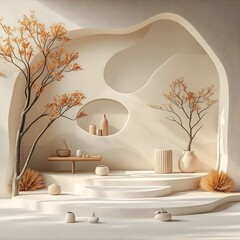 Poster - Minimalist 3D studio backdrop featuring brown and white textured surfaces a clean empty room with a product display podium natural window light creating shadow patterns