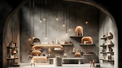 Poster - Minimalist and modern 3D studio interior featuring bare concrete floors and walls a central product display stand