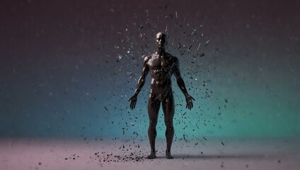 Wall Mural - A human figure dissolving into pieces against a gradient backdrop.