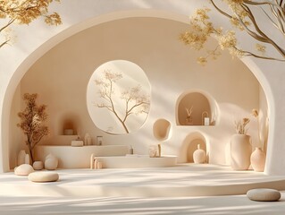 Poster - Minimalist 3D studio setting featuring cream colored walls and floor a product display podium natural window lighting creating dramatic shadows and a digital mockup The clean