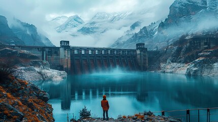 Wall Mural - Majestic Dam and Lake in the Snowy Mountains