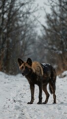 Wall Mural - A lone wild dog on a snowy road.