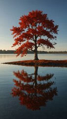 Wall Mural - A lone tree with vibrant red leaves in a plain by water.