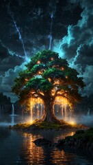 Wall Mural - A magical tree with glowing lights on a floating island, surrounded by clouds and waterfalls.