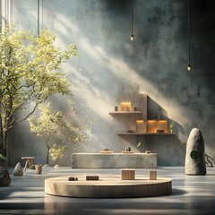 Poster - Minimalist 3D studio space with rough concrete walls and floors empty interior with product display stand warm directional light from window casting subtle shadows