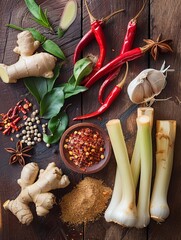 Aufkleber - A colorful selection of Asian spices including fresh ginger, garlic, chili peppers, star anise, and lemongrass arranged on wood. Generative AI