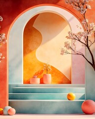 Poster - Minimalist 3D Product Photography Studio with Watercolor Painted Walls and Dynamic Shadows Across Podium in Soft Natural Light