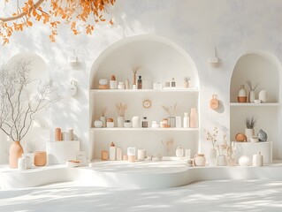 Poster - Minimalist and Elegant Product Showcase Presentation in a Pristine White Studio Space with a Cozy Warm Atmosphere and Diffused Natural Lighting Highlighting the Pastel Color Palette and Central