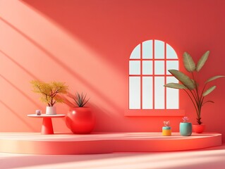 Poster - Minimalist 3D studio scene featuring a magenta backdrop clean wall and floor display a table with dynamic lighting casting shadows