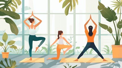 Poster - Three women perform yoga poses on mats amid vibrant plants, enjoying the warm sunlight streaming through large windows. Generative AI
