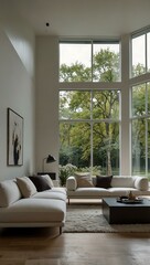 Wall Mural - A modern living room with a white finish and large windows.