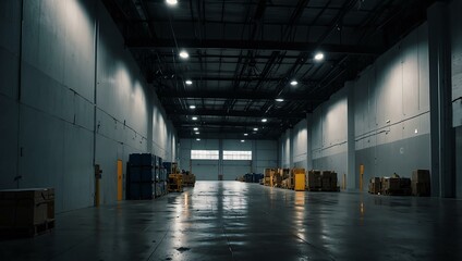 Wall Mural - A modern warehouse illuminated at night during winter.