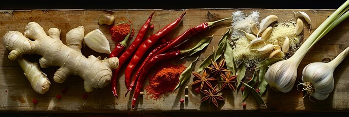 Aufkleber - This display features various Asian spices such as ginger, garlic, chili peppers, star anise, and lemongrass artfully laid out on wood. Generative AI