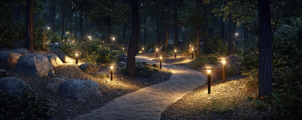 Wall Mural - an adventure park with trails highlighted by low-impact, ground-embedded lighting, ensuring safety f