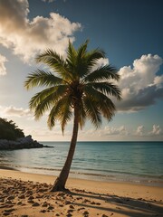 Wall Mural - A palm tree on a sunlit beach.