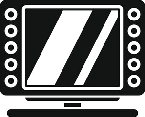 Poster - simple icon of an old television set standing on a shelf, displaying static noise, in black and whit