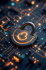 Poster - Padlock motif seamlessly integrated into a sprawling circuit board vista symbolizing the preservation of the digital frontier  Featuring a muted color scheme and high contrast mechanical textures