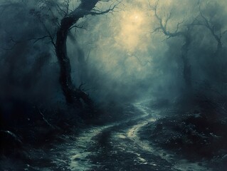 Canvas Print - Mysterious Forest Path: Sunlight Through Fog