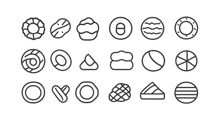 Outline silhouette set of biscuit icons, featuring a variety of simple and minimalist designs, isolated on a white background