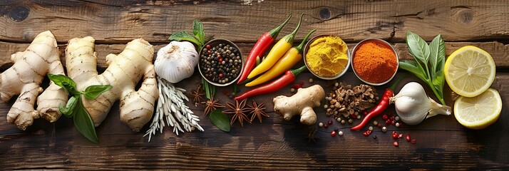 Aufkleber - A colorful array of ginger, garlic, chili peppers, star anise, and lemongrass arranged beautifully on a rustic wooden surface. Generative AI