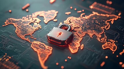 Poster - Padlock on a World Globe Amidst Intricate Circuit Board Patterns Signifying Digital Asset Protection with Sleek Metallic and Cinematic Lighting in a Retrofuturistic 3D Render