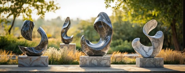 Wall Mural - an outdoor sculpture garden featuring a collection of abstract marble sculptures, each reflecting a 