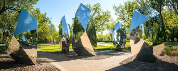 Wall Mural - an outdoor art installation consisting of multiple mirror-polished stainless steel sculptures that r