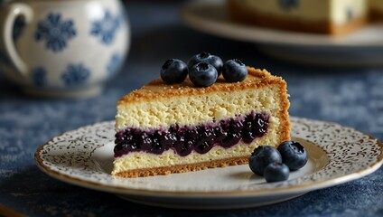 Wall Mural - A slice of blueberry cake, delicately presented with intricate details.