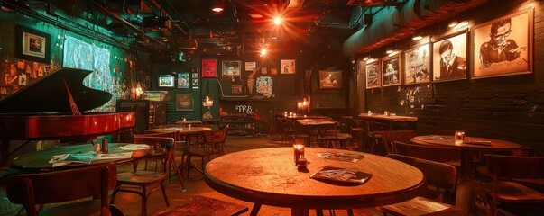 Wall Mural - an underground jazz club with intimate table lighting that enhances the cozy atmosphere while focusi
