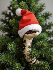 Wall Mural - A snake in a Santa hat sitting on a Christmas tree.