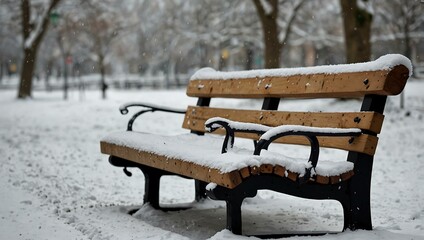 Wall Mural - A snowy bench in a winter park scene.