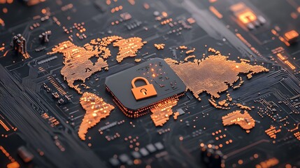 Poster - Padlock Symbol on World Map Overlay with Intricate Digital Circuitry and Metallic Gleam Portraying Technological and Cybersecurity Data Protection for a Sleek Minimalist