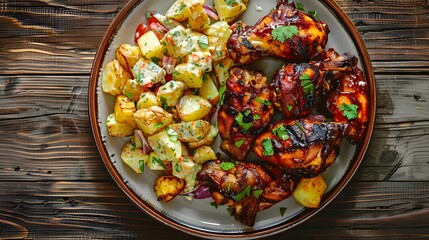 Delicious Plate of BBQ Chicken and Potato Salad on a Wooden table