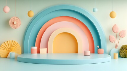 Poster - Minimalist 3D studio room with pastel rainbow background empty floor and wall product podiums shadow overlay from window to countertop natural lighting setup for product mockup