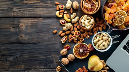 Aufkleber - An array of dried fruits and nuts arranged artfully on a rustic wooden surface, perfect for a nutritious energy boost at any time. Generative AI