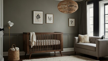 Wall Mural - A stylish nursery complete with a crib and changing table.