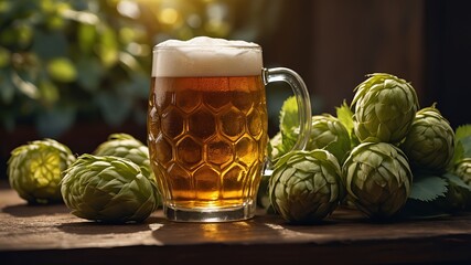 Wooden top, a mug filled with golden beer, with thick foam on the surface. The hops are light green, which contrasts with the amber color of the beer.