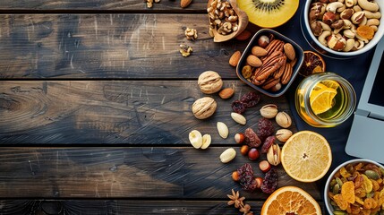 Poster - A colorful spread of dried fruits and various nuts is artfully arranged on a rustic wooden table, perfect for a nutritious snack. Generative AI