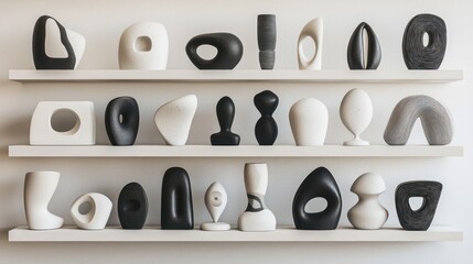 Wall Mural - a collection of miniature abstract sculptures in a monochrome palette, displayed on floating shelves